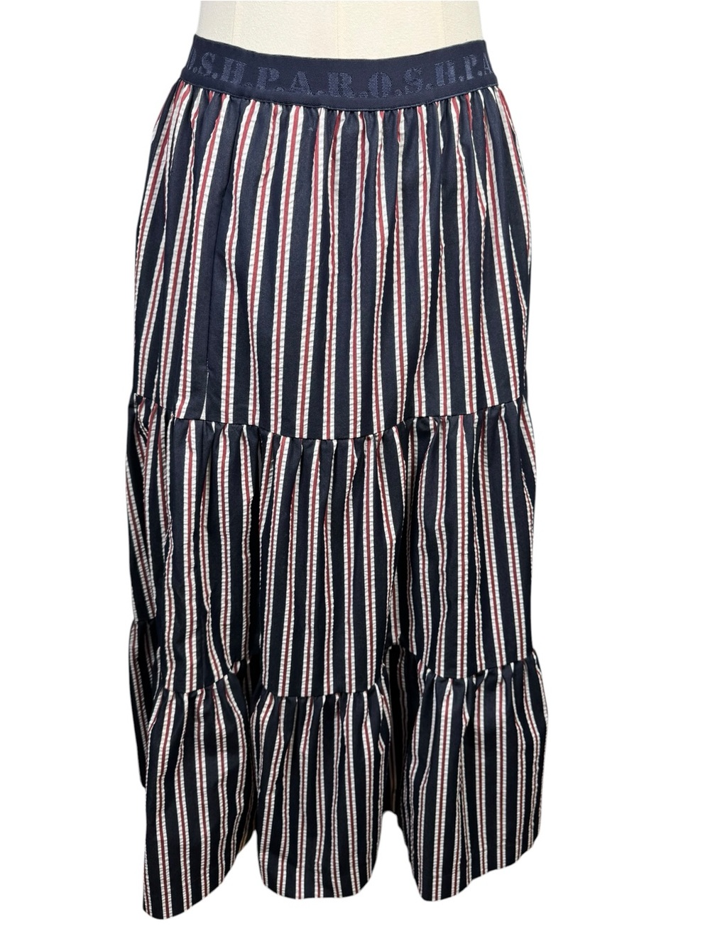 P.A.R.O.S.H. Red White & Blue Striped Tiered Maxi Skirt Cotton Size Small